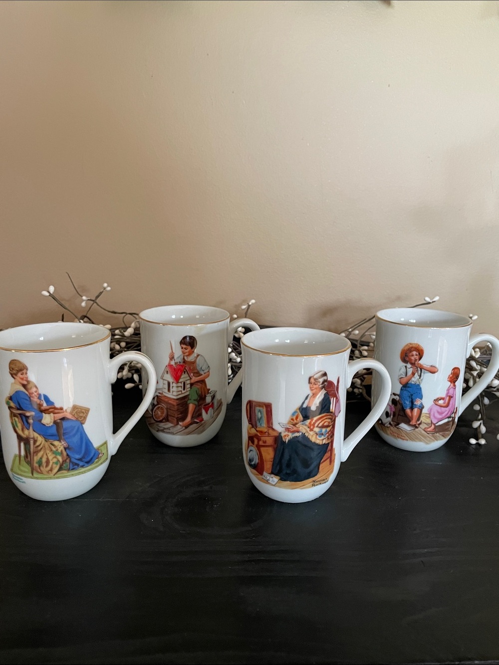 Vintage Norman Rockwell Illustrated Mug Set with Gold Trim - Set of 4